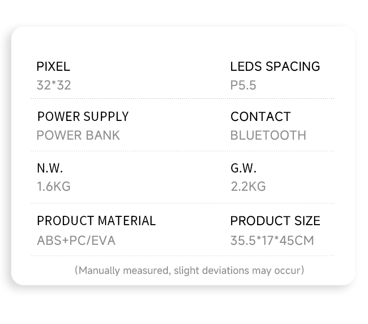 PIXEL 32*32  
LEDS SPACING P5.5  
POWER SUPPLY  
POWER BANK  
CONTACT  
BLUETOOTH  
N.W. 1.6KG  
G.W. 2.2KG  
PRODUCT MATERIAL ABS+PC/EVA  
PRODUCT SIZE 35.5*17*45CM  
(Manually measured, slight deviations may occur)