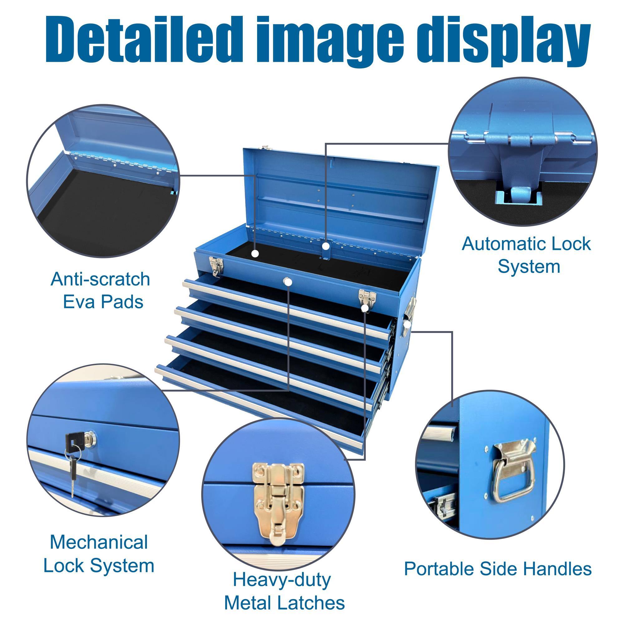 Detailed image display

- Anti-scratch Eva Pads
- Automatic Lock System
- Mechanical Lock System
- Heavy-duty Metal Latches
- Portable Side Handles
