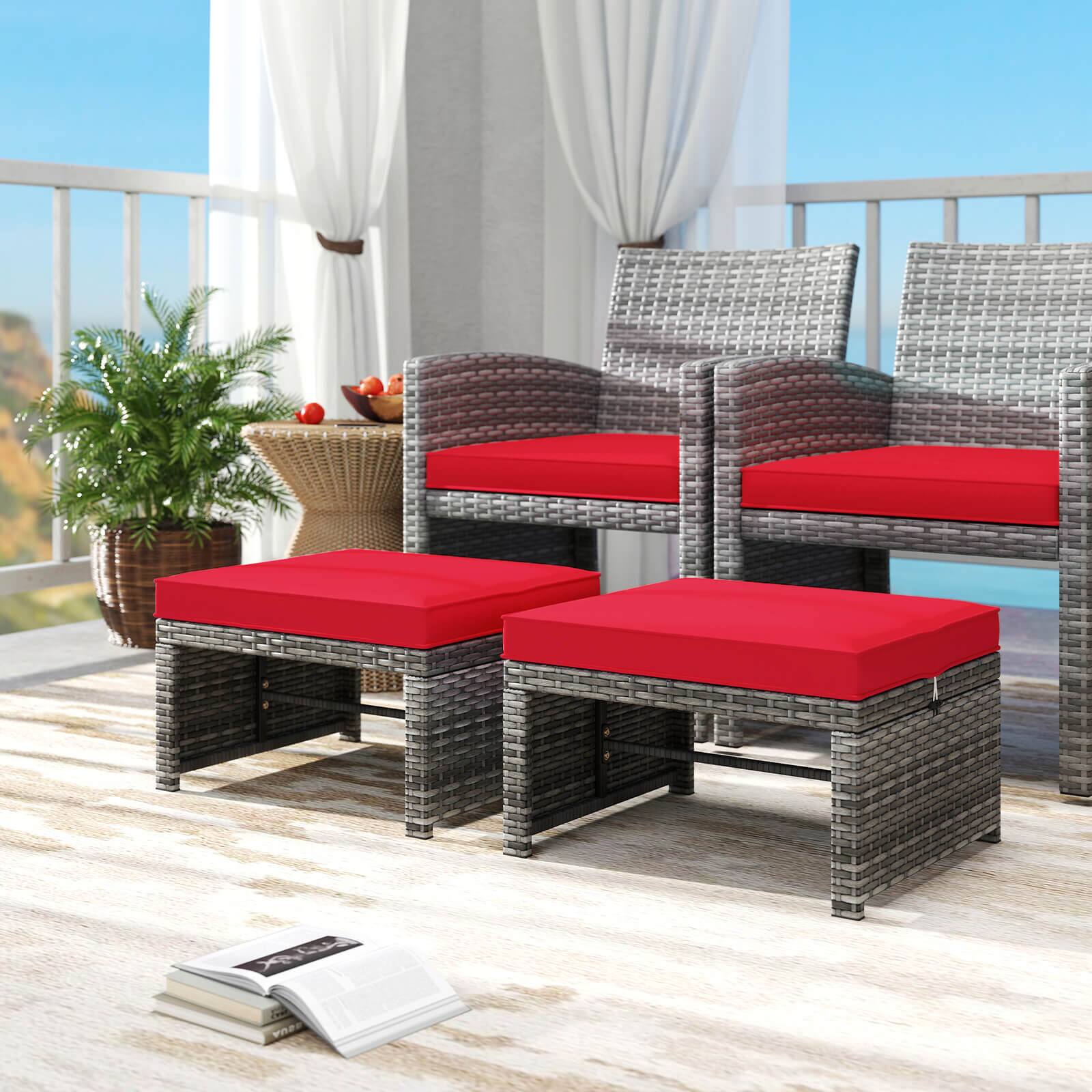 Alt View 4. Costway - Costway Patio Ottomans Set of 2 PE Rattan Footstools with Removable Cushions & Metal Frame Red - Red.