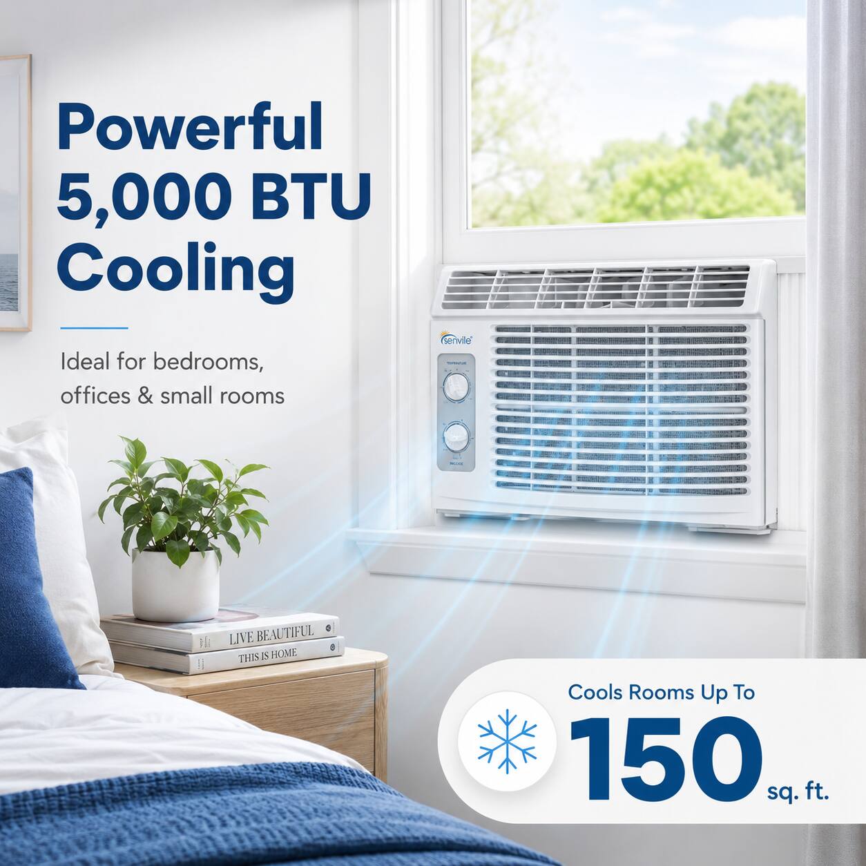 Powerful 5,000 BTU Cooling  
Ideal for bedrooms, offices & small rooms  

Cools Rooms Up To 150 sq. ft.