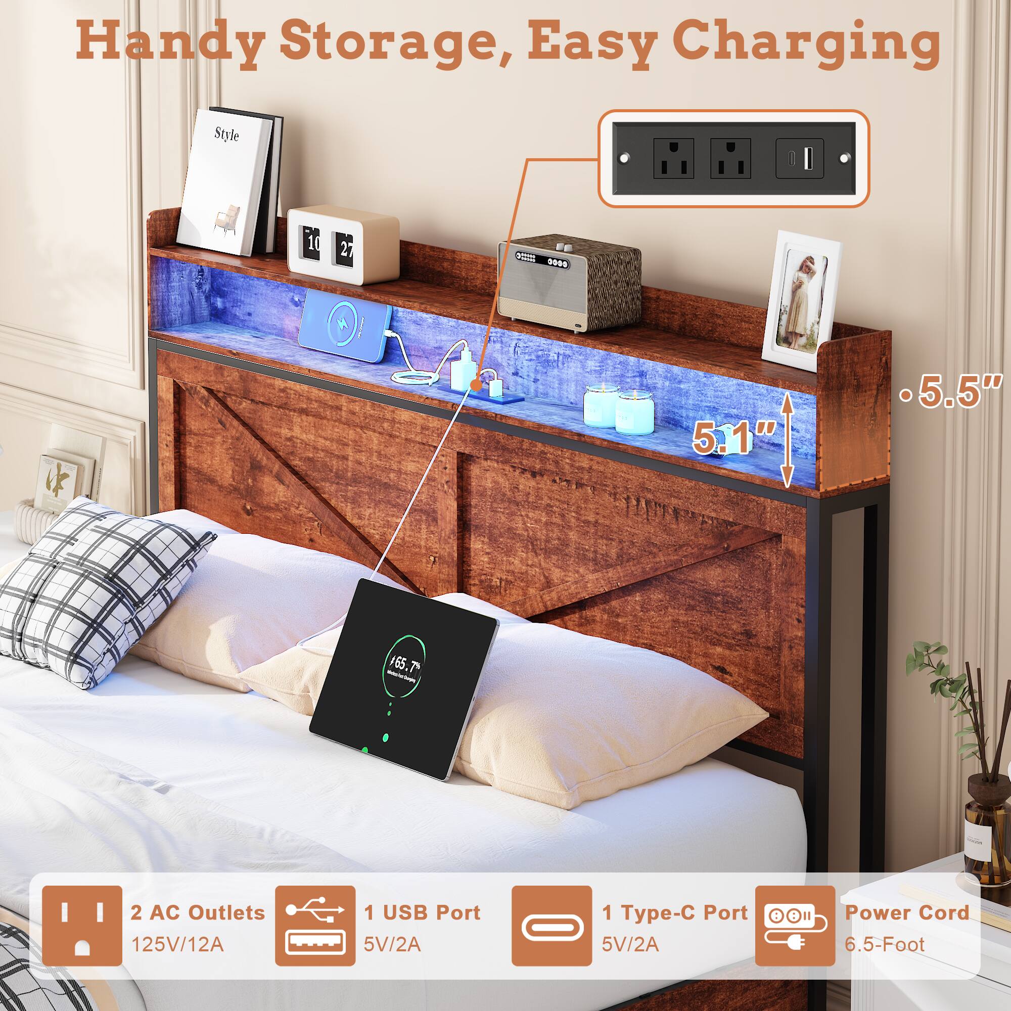 Handy Storage, Easy Charging

- 5.1" 
- 5.5"

2 AC Outlets
125V/12A

1 USB Port
5V/2A

1 Type-C Port
5V/2A

Power Cord
6.5-Foot