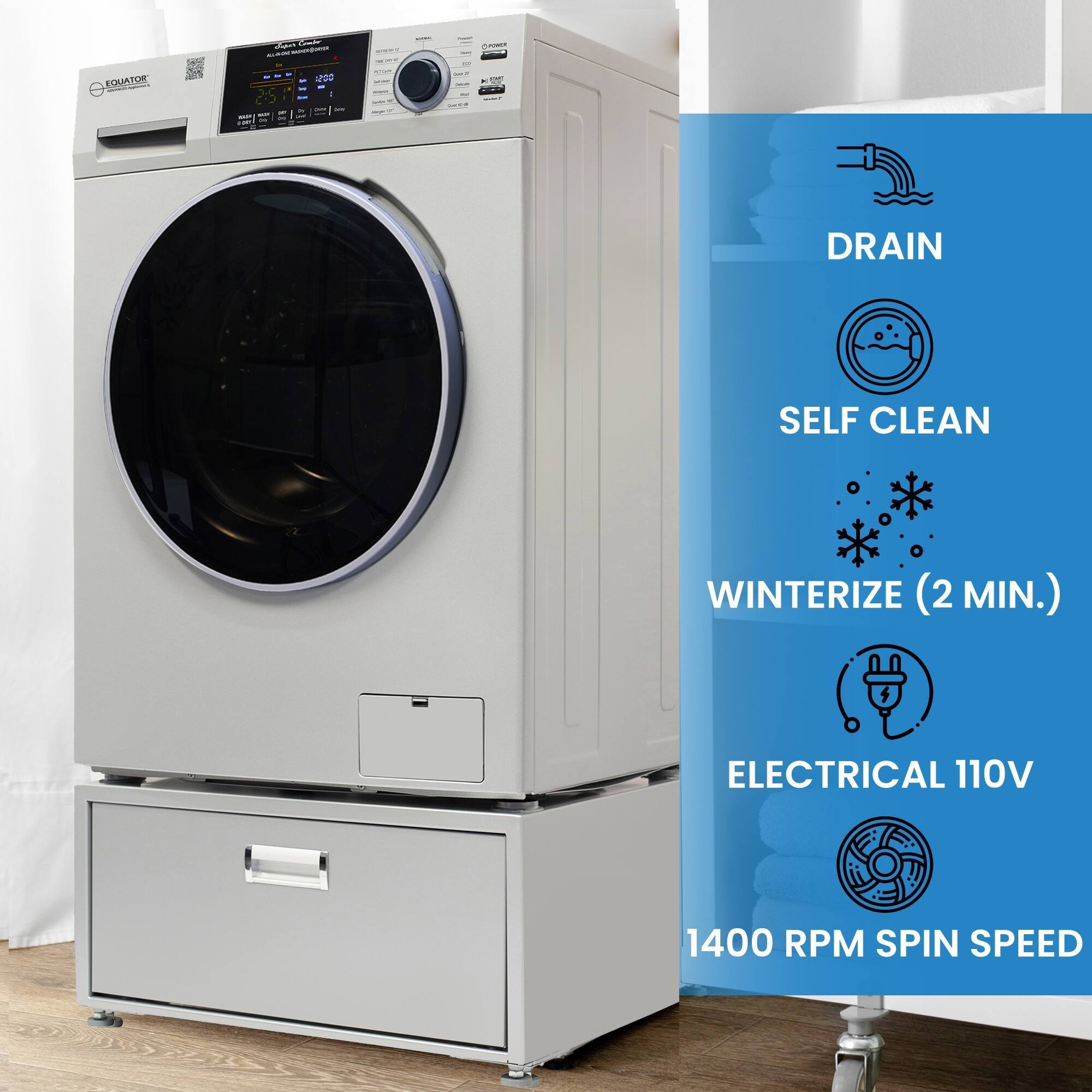 EQUATOR EE POE  
- - - 1 AC - - - - - - - -  
DRAIN  
SELF CLEAN  
WINTERIZE (2 MIN.)  
ELECTRICAL 110V  
1400 RPM SPIN SPEED