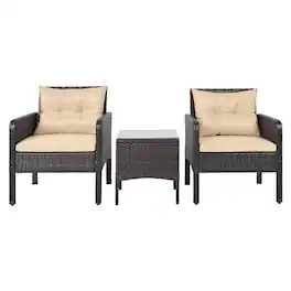 Costway - 3 PCS Patio PE Wicker Furniture Set with Cushions and Tempered Glass Coffee Table - Brown