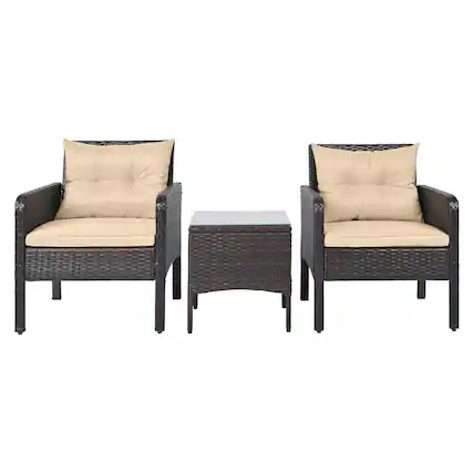 Front. Costway - Costway 3 PCS Patio PE Wicker Furniture Set with Cushions and Tempered Glass Coffee Table - Brown.