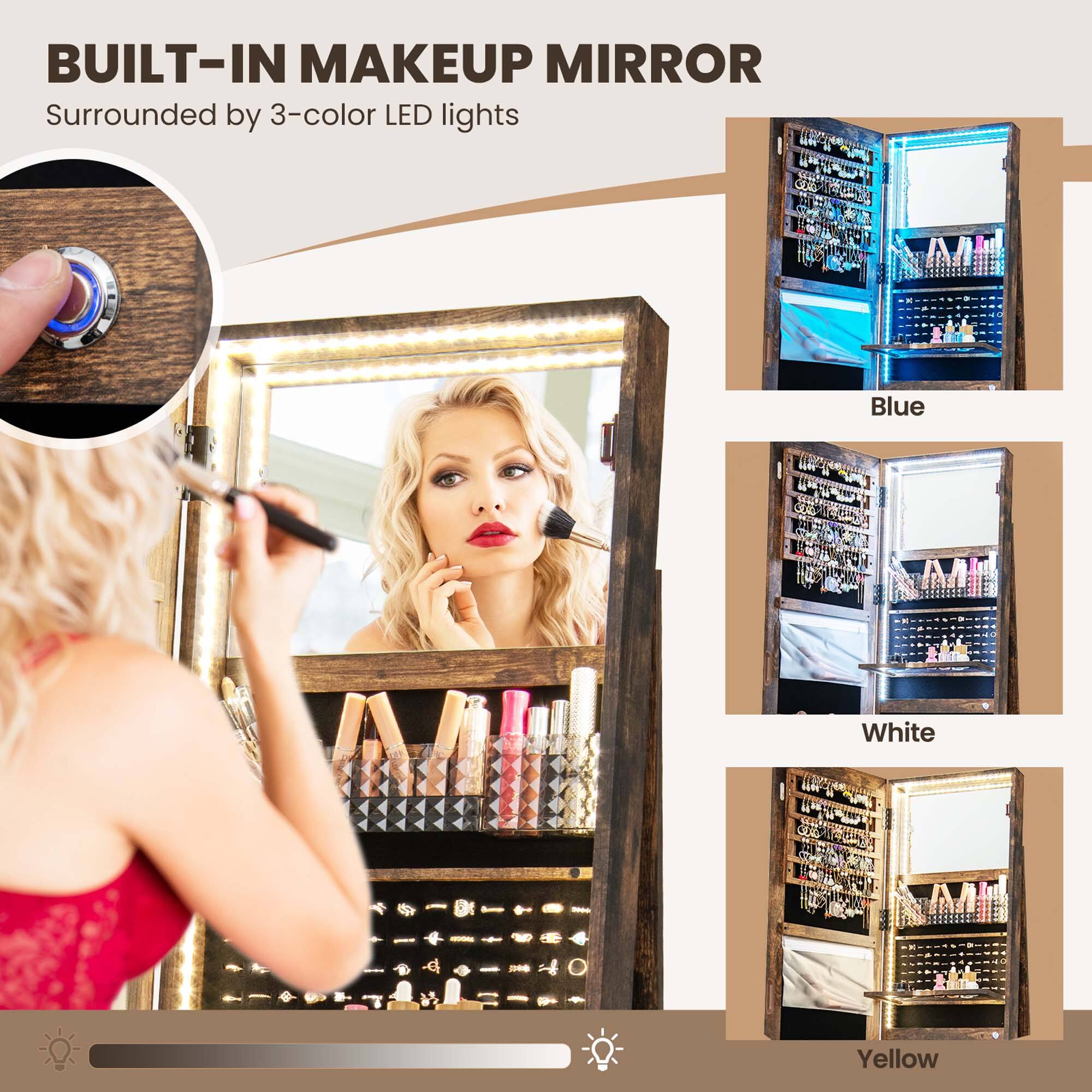 BUILT-IN MAKEUP MIRROR Surrounded by 3-color LED lights: M (Blue), White, Yellow