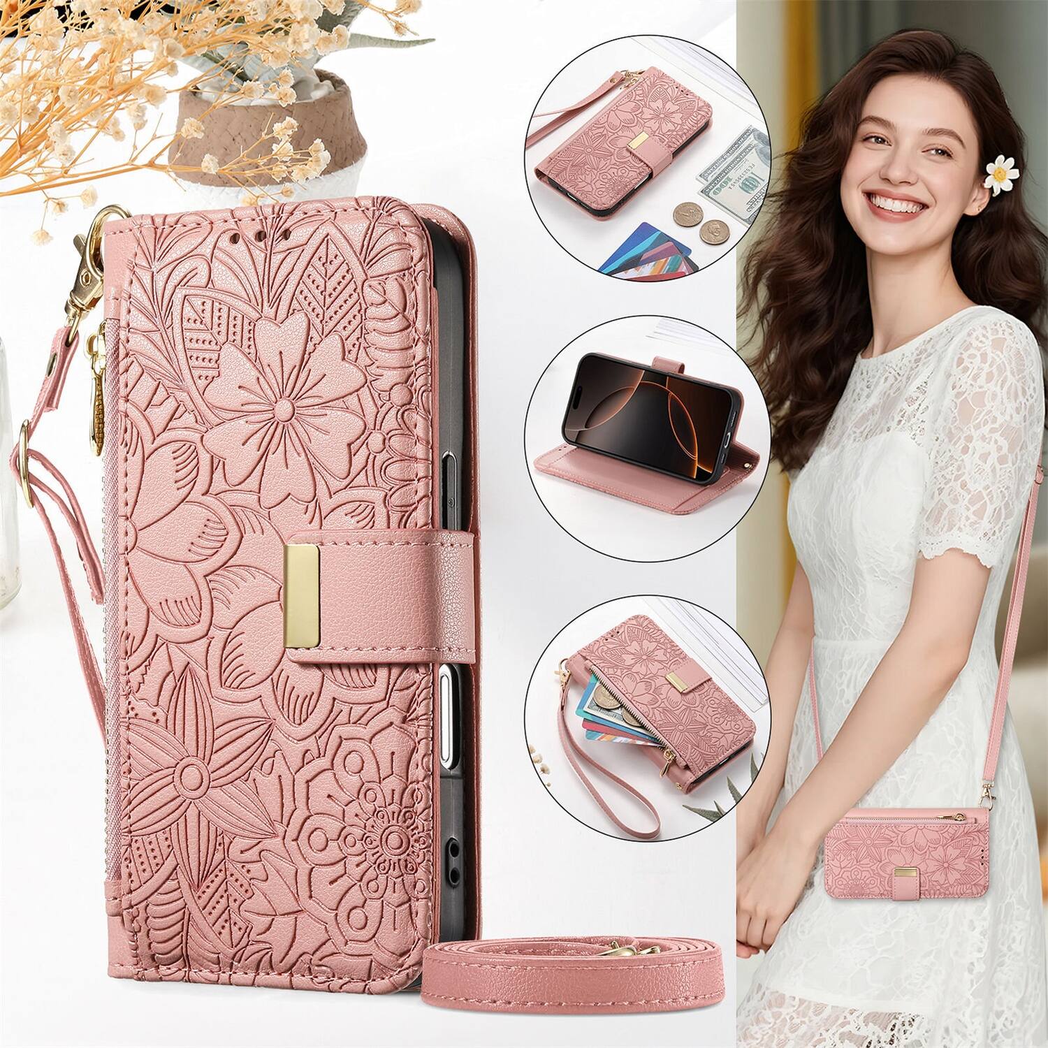 Alt View 4. Dteck - Floral Embossed Leather Zipper Cash Slot Wallet Case for Apple iPhone 16 with Detachable Strap - Rosegold.