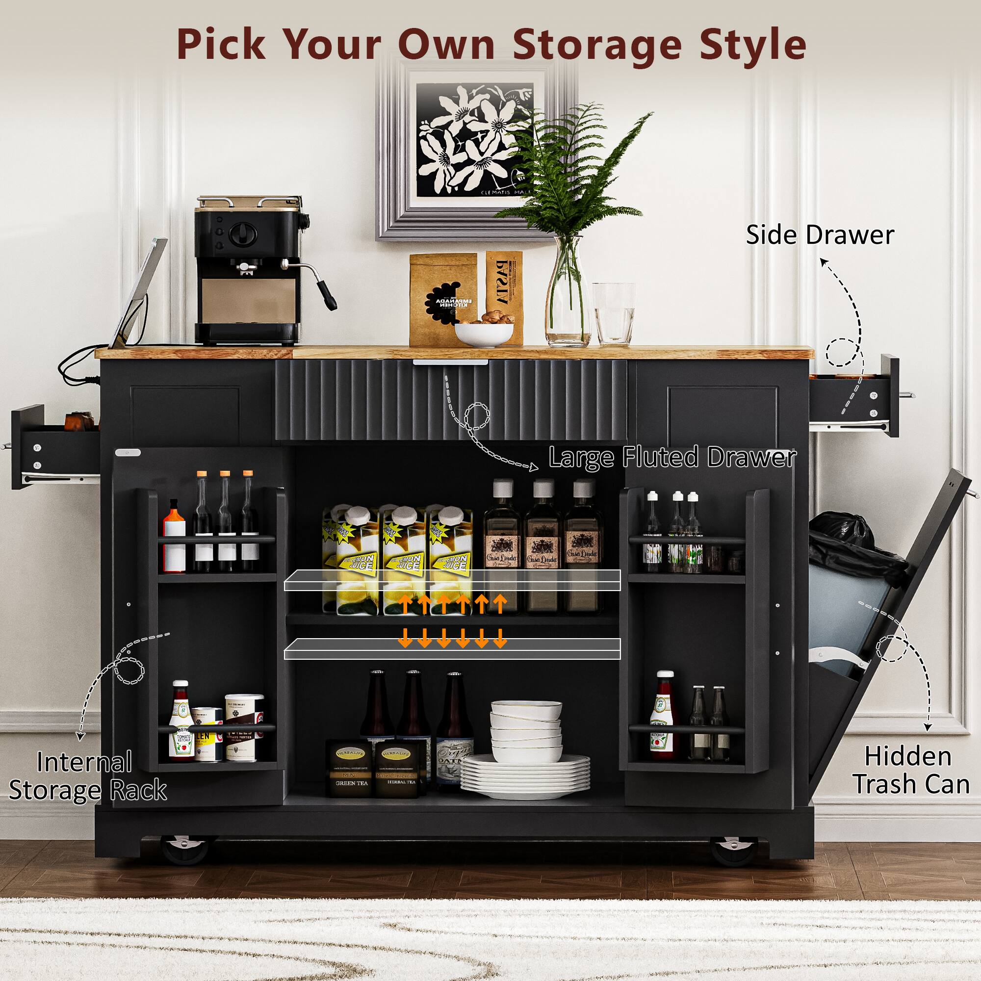 Pick Your Own Storage Style

- Side Drawer
- Large Fluted Drawer
- Internal Storage Rack
- Hidden Trash Can