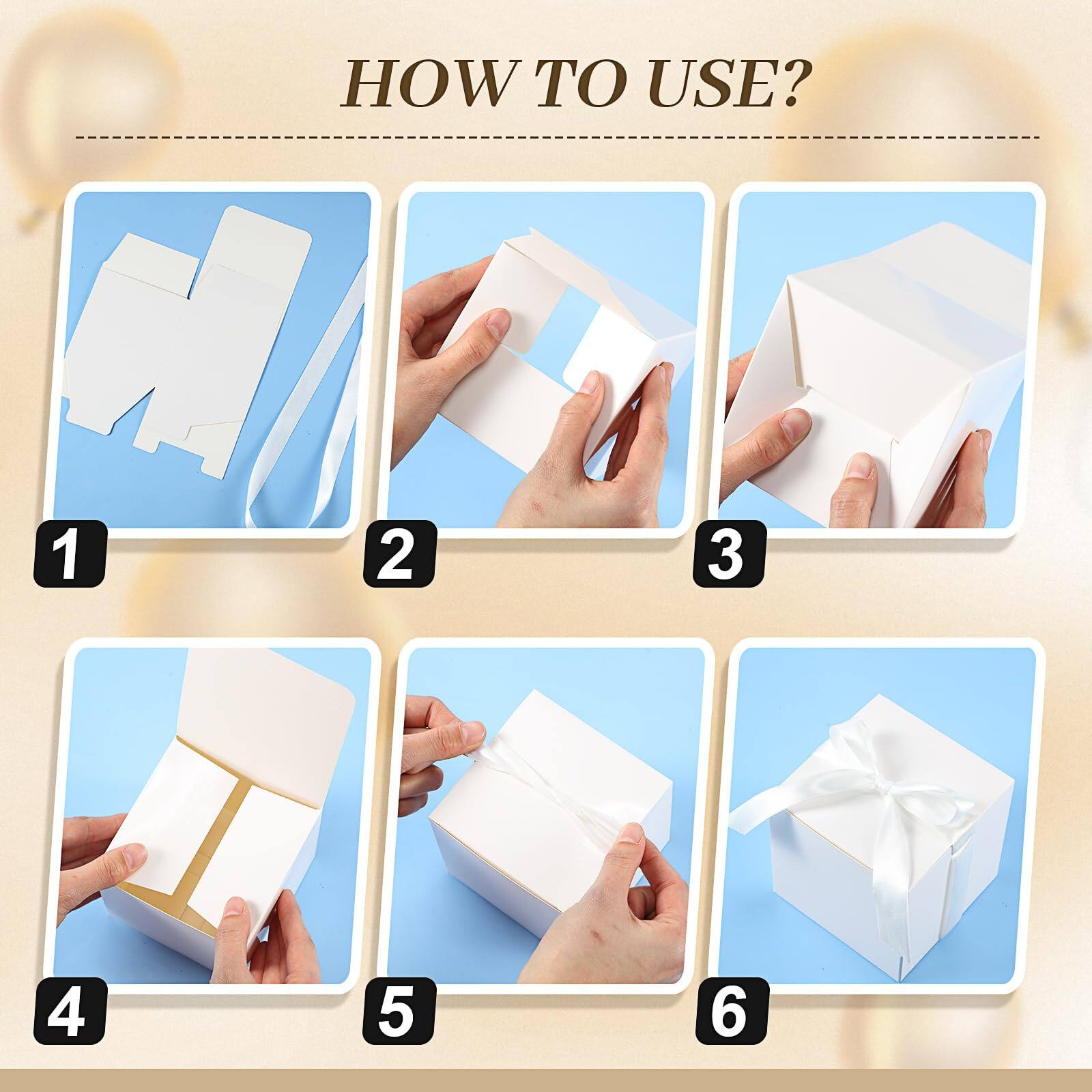 Sure, here is the corrected and grouped text from the image:

---

**HOW TO USE?**

1. [Image of flat pieces]
2. [Image of folding the paper]
3. [Image of forming the box shape]
4. [Image of folding the sides]
5. [Image of securing the sides]
6. [Image of tying a ribbon]

---