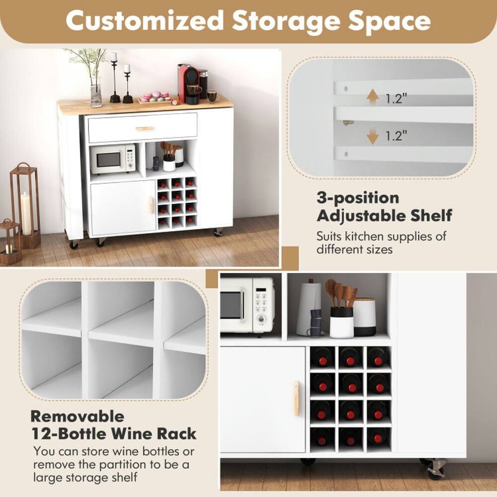 Customized Storage Space

1.2" 1.2" 3-position Adjustable Shelf  
Suits kitchen supplies of different sizes

Removable 12-Bottle Wine Rack  
You can store wine bottles or remove the partition to be a large storage shelf