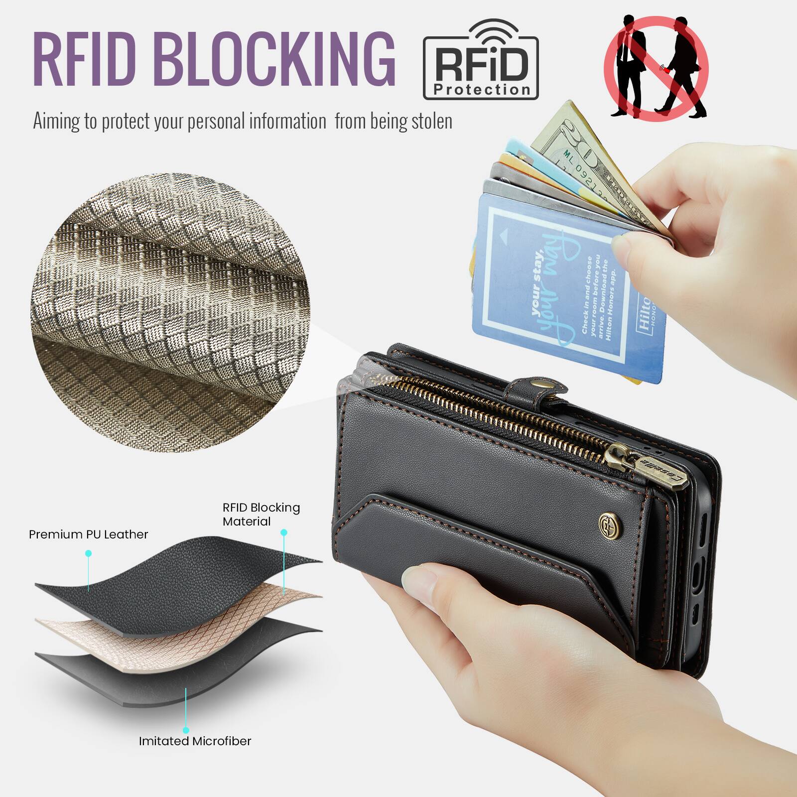RFID BLOCKING  
Aiming to protect your personal information from being stolen  

RFiD Protection  

Premium PU Leather  
RFID Blocking Material  
Imitated Microfiber  

Hilton RFID Blocking Material Premium PU Leather Imitated Microfiber  
Hilto ONOH Caselle !!