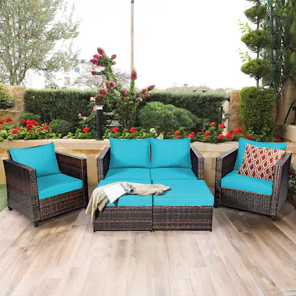 Front. Gymax - Gymax 5PCS Outdoor Patio Rattan Conversation Sofa Furniture Set w/ Turquoise Cushions - Turquoise.