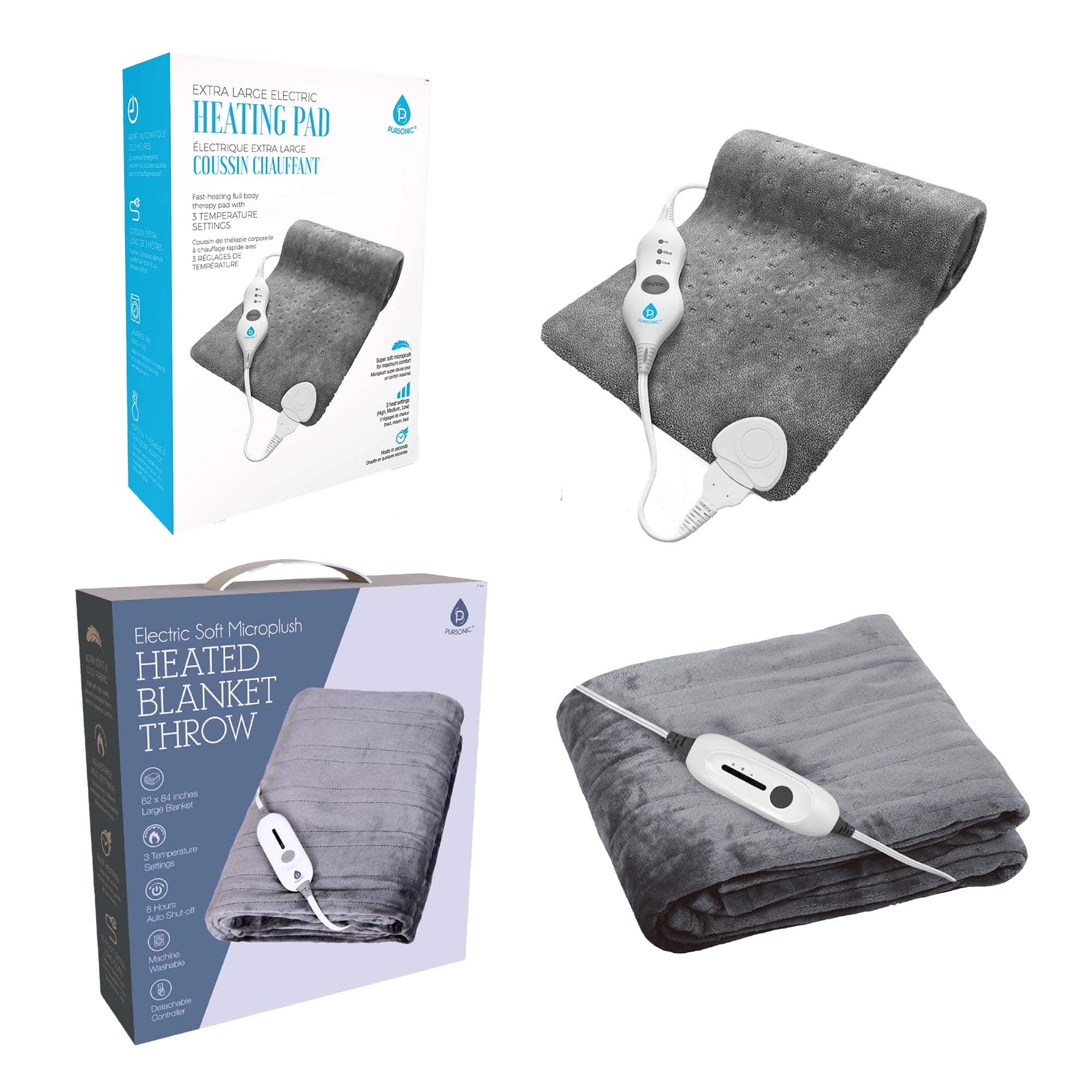 Pursonic - Cozy Comfort Bundle – Electric Heated Microplush Blanket and Heating Pad Set - Gray