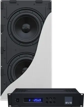 The image shows a black speaker and an amplifier with the text "SVS" on it. The speaker is placed next to the amplifier, which is sitting on a table. The amplifier has a blue light on it, and the speaker is positioned in front of the amplifier.