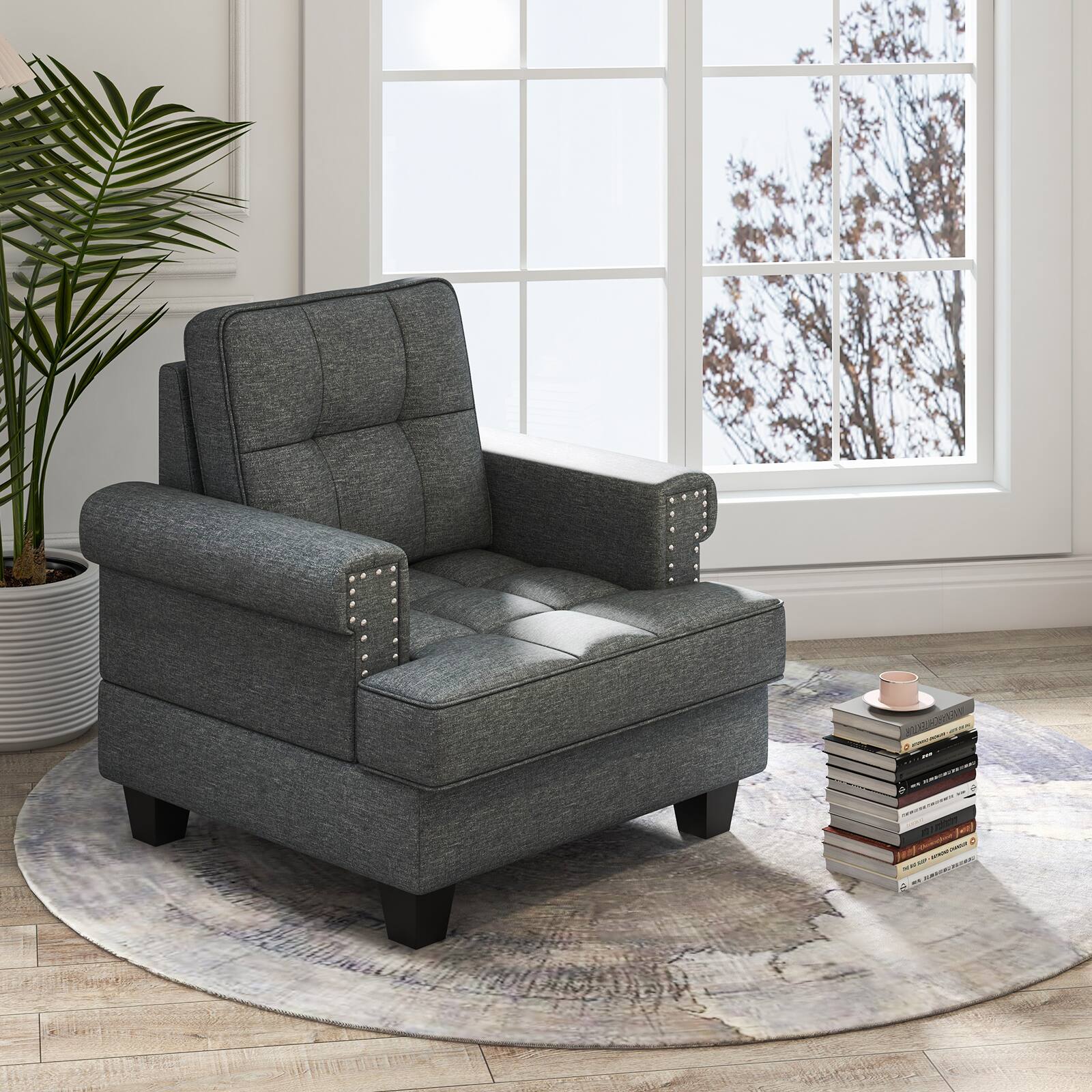 Alt View 7. Ecooso - Mid-Century Modern Tufted Linen Accent Chair, Club Chair for Living Room - Gray.