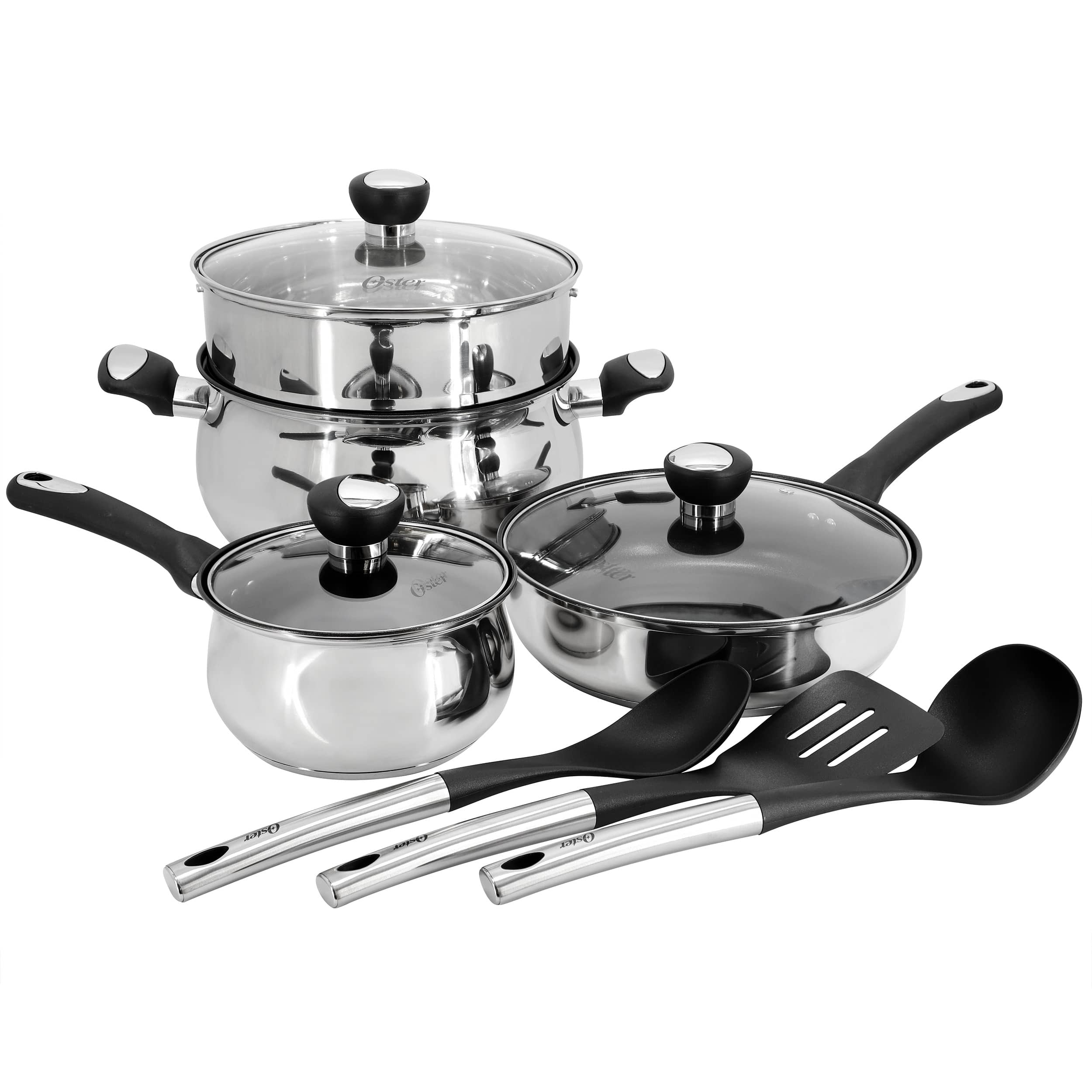 Oster - Baldwyn 10 Piece Stainless Steel Belly Shaped Nonstick Cookware and Utensil Set - Silver