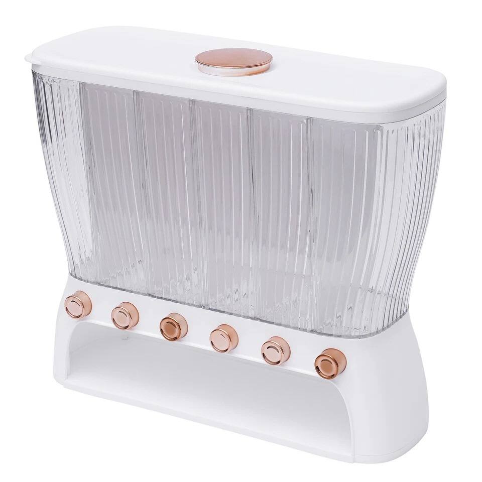 Alt View 2. Home Collection - Six-Grid Dry Food Dispenser 10 kg Rice and Cereal Storage Container - Clear, White, Gold.