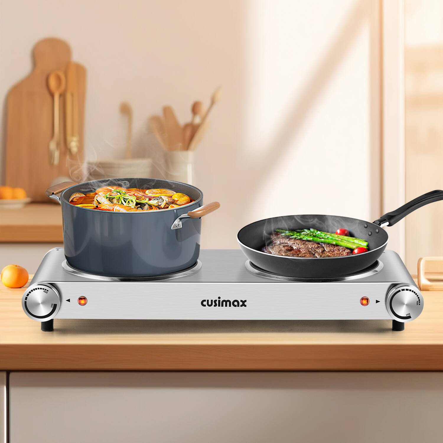 Angle. Cusimax - Portable Two 7.1" Burner 1800W Electric Hot Plate Infrared Glass Temper Control Cooktop For Dorm Office Coffee - Silver.