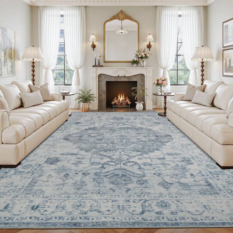 Back. RYHNUYNE - 9x12 Area Rugs Living Room Rug Washable Vintage Boho Rug No Slip Stain Resistant Soft Carpet Indoor Floor Floral Carpets - Painting.