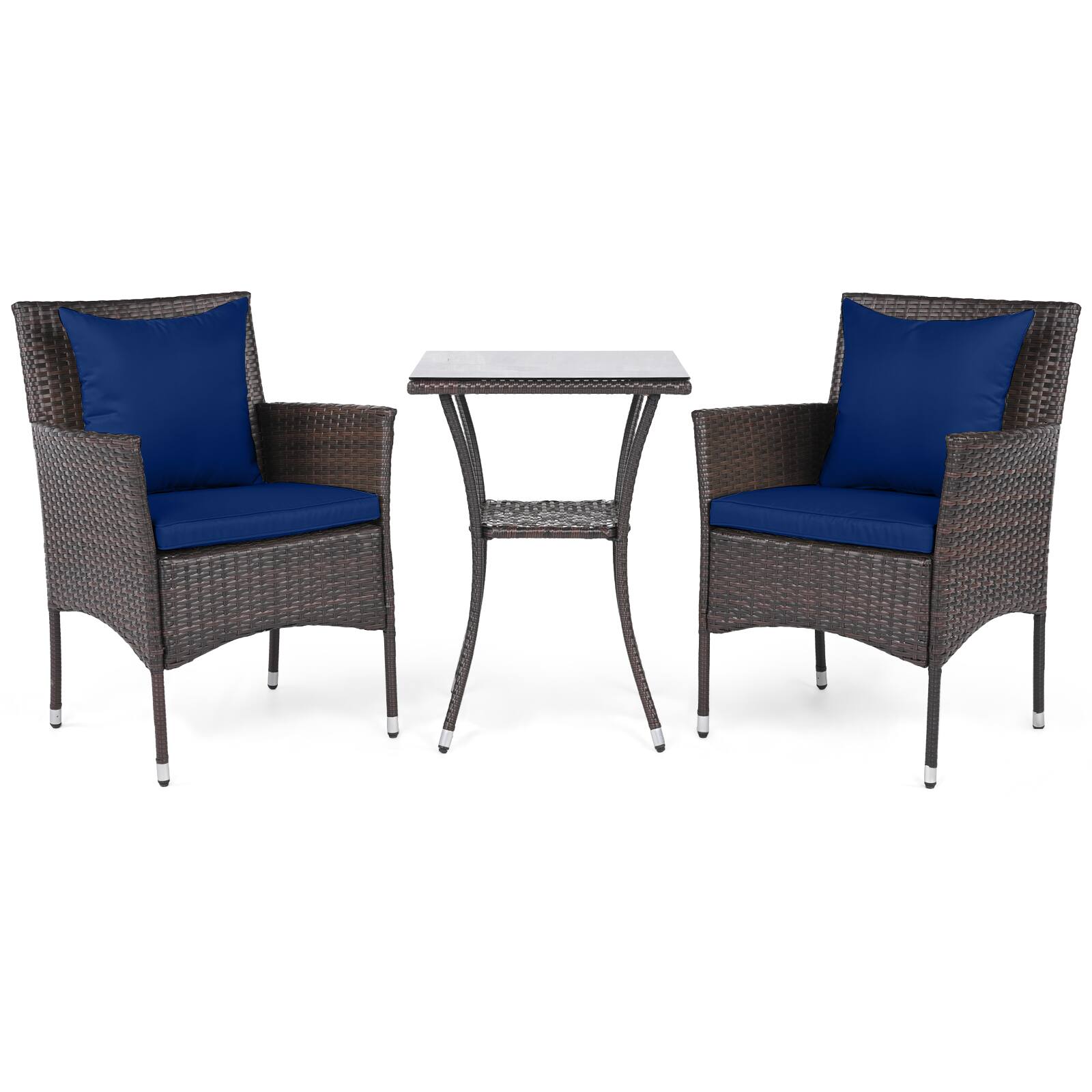 Alt View 7. Gymax - Gymax  Set of 3 Patio Wicker Bistro Set 2 Rattan Chairs w/Double-Tier Tempered Glass Table Blue - Blue.