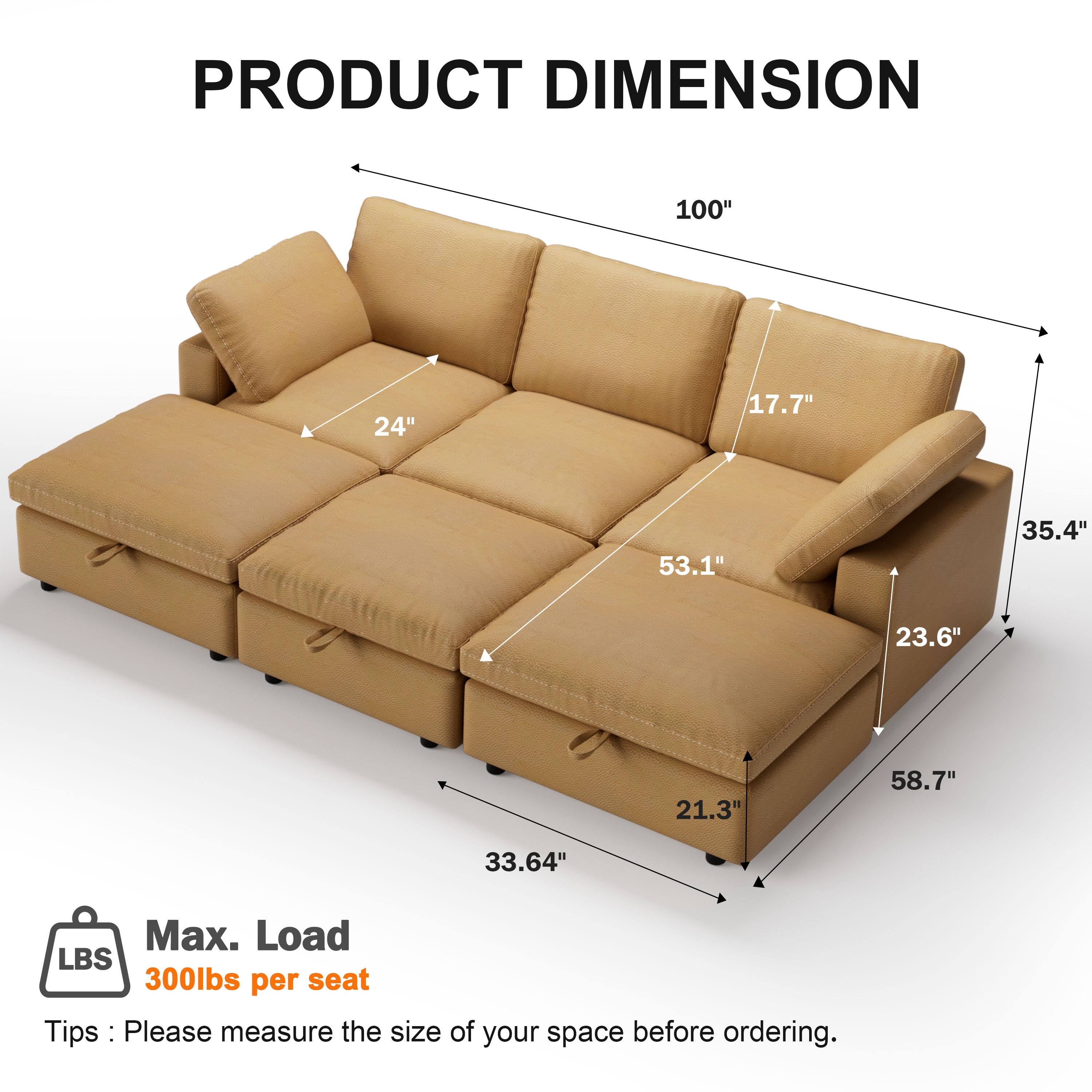 PRODUCT DIMENSION  
100" x 24" x 17.7" x 53.1" x 35.4" x 23.6" x 21.3" x 58.7" x 33.64"  
Max. Load: 300lbs per seat  

Tips: Please measure the size of your space before ordering.
