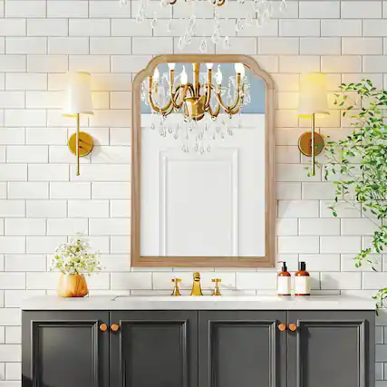 Front. BreeBe - 20x30 Natural Wood Solid Wood Rounded Corner Decorative Mirror for Bedroom Bathroom Living Room Entryway - Natural Wood.