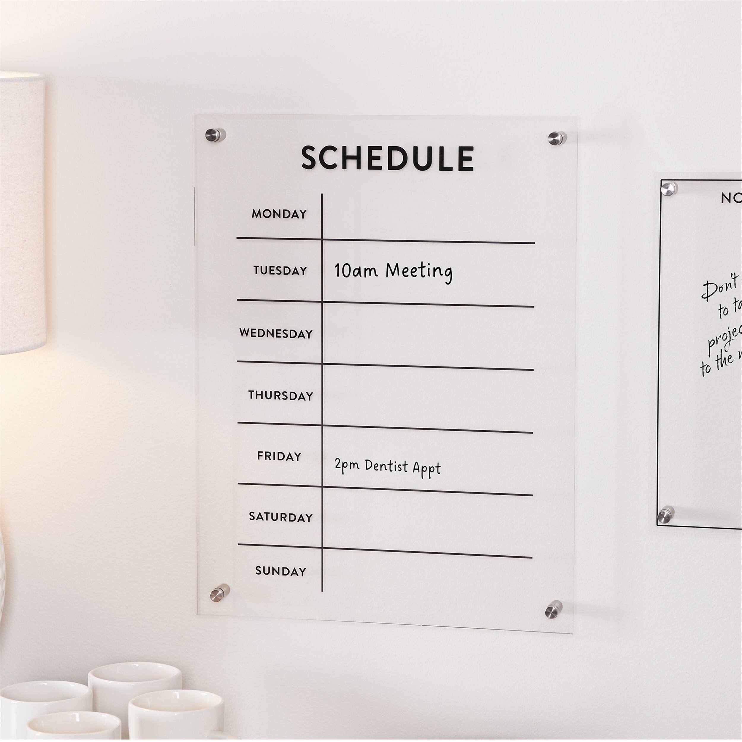 SCHEDULE

MONDAY  
TUESDAY 10am Meeting  
WEDNESDAY  
THURSDAY  
FRIDAY 2pm Dentist Appt  
SATURDAY  
SUNDAY  

Don't to to project the