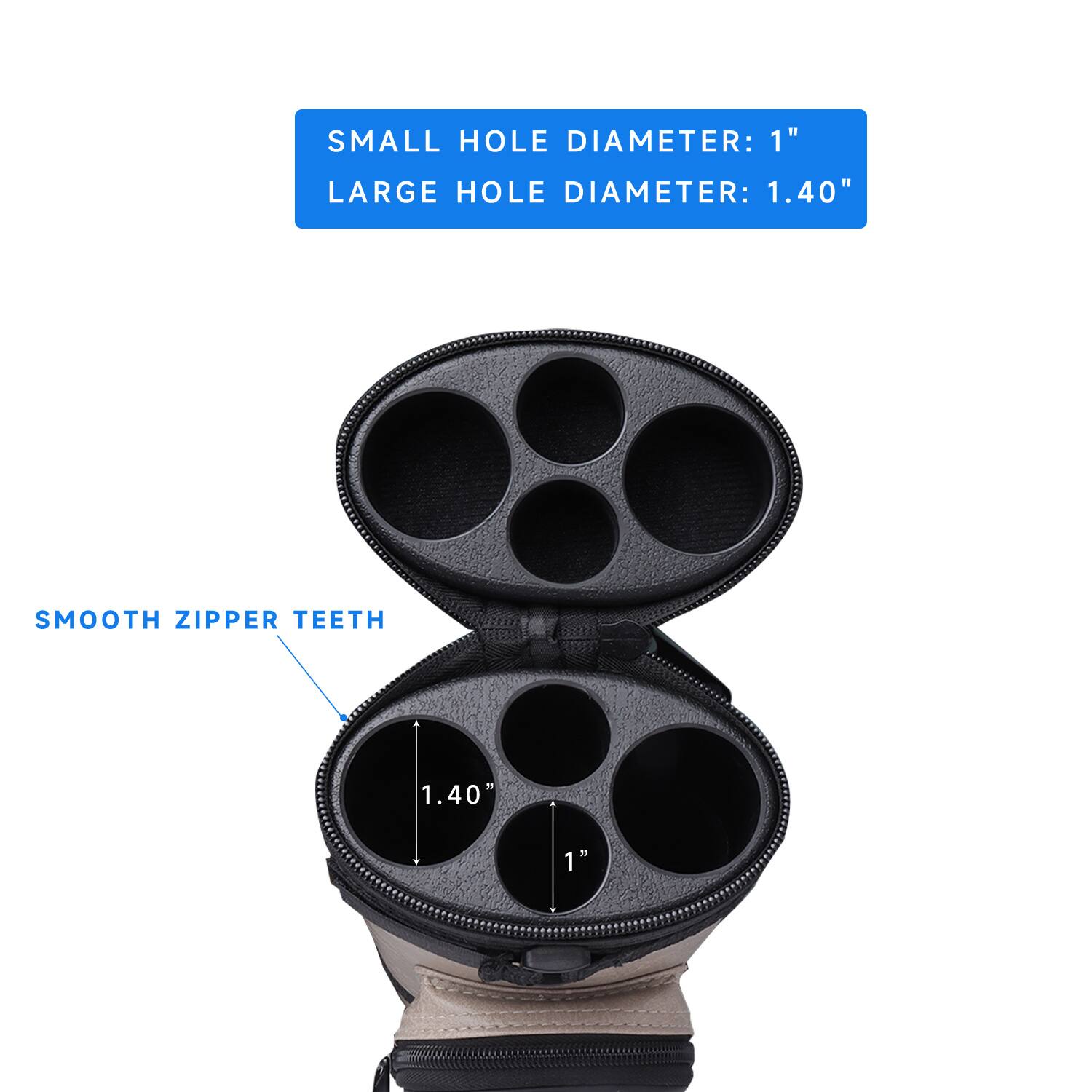 SMALL HOLE DIAMETER: 1" LARGE HOLE DIAMETER: 1.40" SMOOTH ZIPPER TEETH 1 1.40" 1 1"