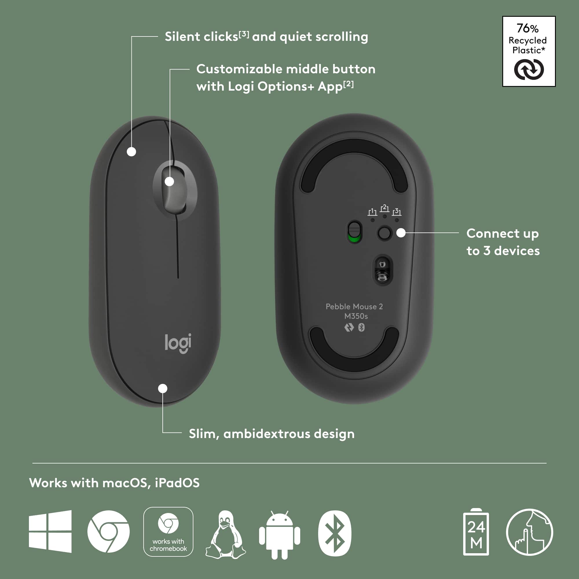 Silent clicks and quiet scrolling are features of the Logi Pebble Mouse 2. The mouse is made of 76% recycled plastic and has a customizable middle button with Logi Options+. It can connect up to three devices and has a slim, ambidextrous design. The mouse works with macOS, iPadOS, and Chromebook.