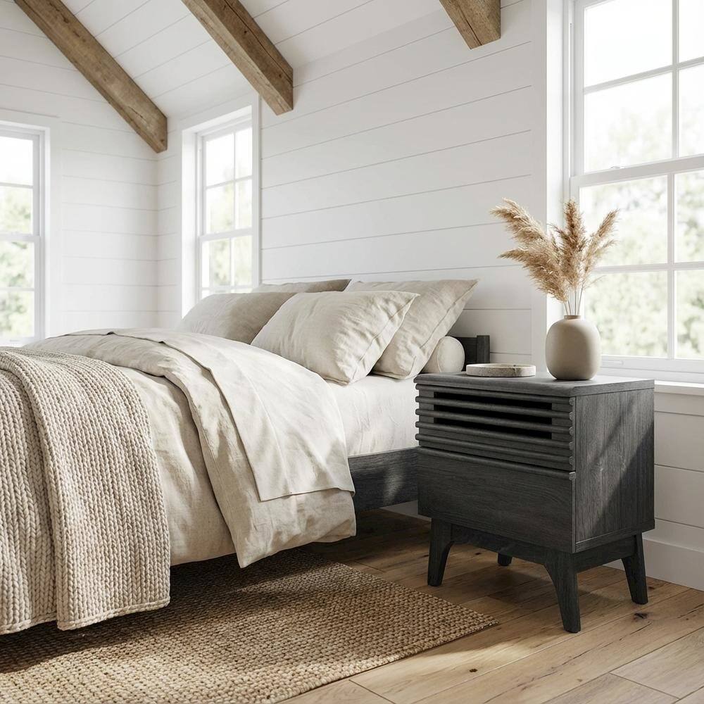 Left. FurniFact - Nightstand in Gray Finish, Minimalist Design, Sturdy Base,, Versatile Storage - Gray.