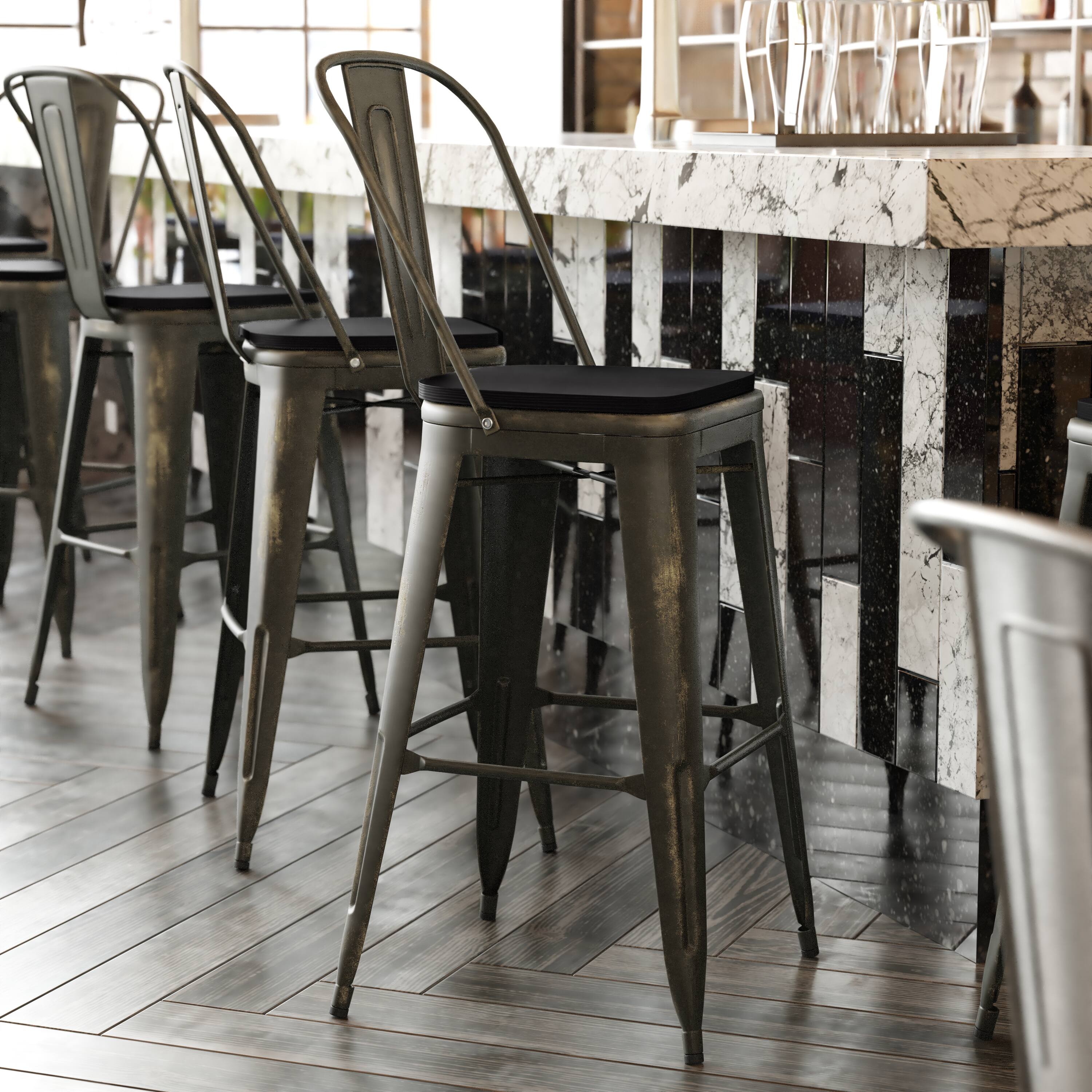 Alt View 1. Emma + Oliver - Nova Distressed Metal Stools with Backs and Polystyrene Seats for Indoor/Outdoor Use - Black Seat/Copper Frame.
