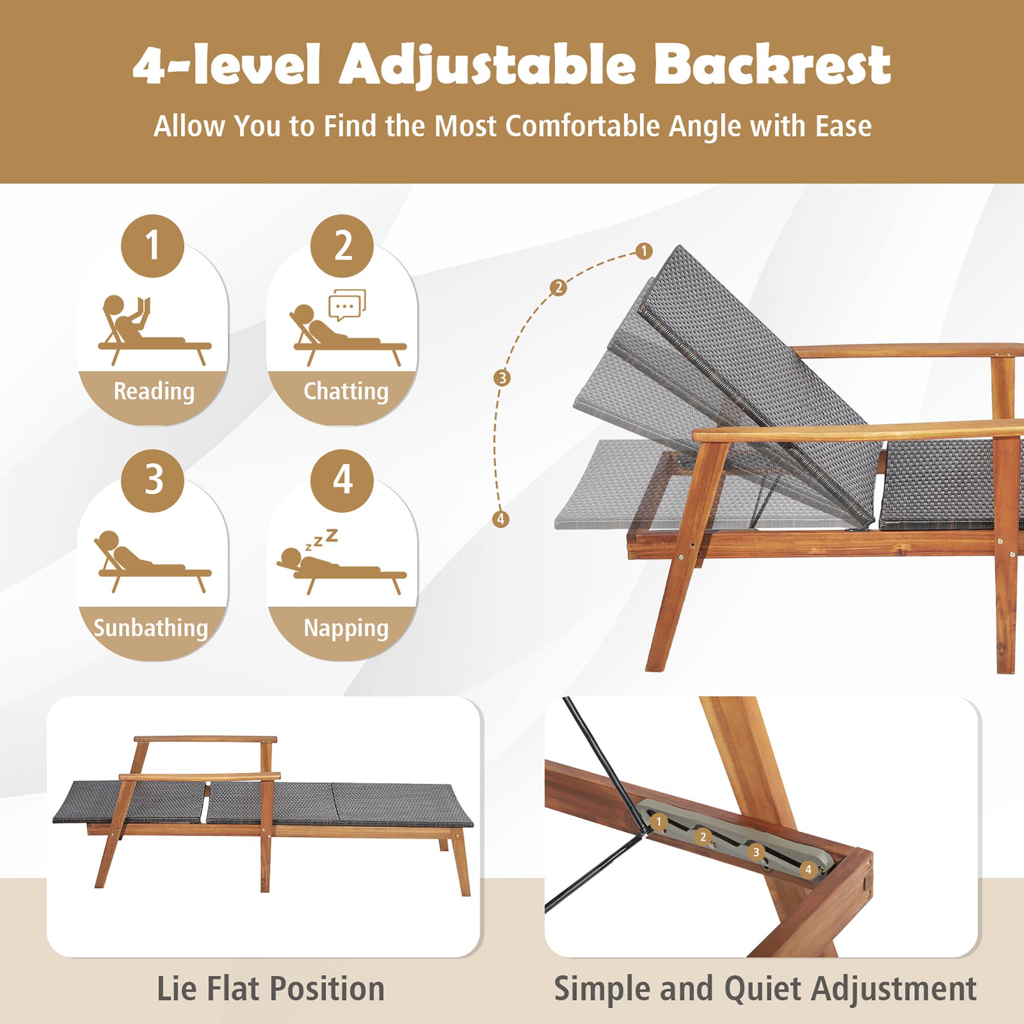 4-level Adjustable Backrest  
Allow You to Find the Most Comfortable Angle with Ease  

1. Reading  
2. Chatting  
3. Sunbathing  
4. Napping  

Lie Flat Position  

Simple and Quiet Adjustment