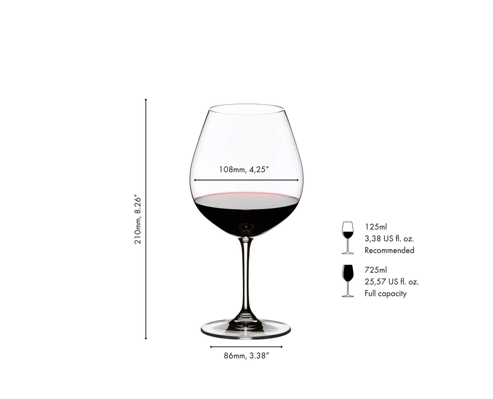108mm, 4.25"  
210mm, 8.26"  
86mm, 3.38"  

125ml 3.38 US fl. oz. Recommended  
725ml 25.57 US fl. oz. Full capacity