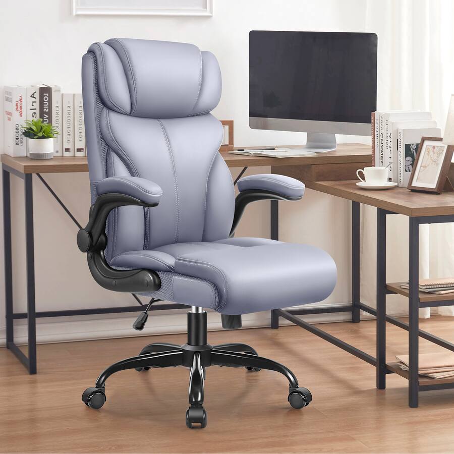 Brick Attic Office Chair, Ergonomic Computer Desk Chairs, Executive Leather Chair with Adjustable Flip-up Armrests, Rocking Function Gray