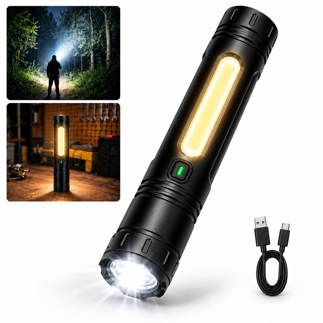 Front. AMUMU - LED Flashlight Rechargeable 9 Light Modes Camping Lantern Compact Emergency Flashlight for Camping - Black.