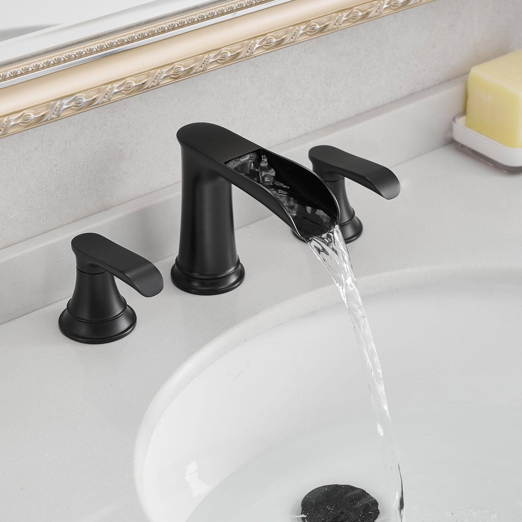 Angle. Boyel Living - Waterfall 8 Inch Widespread Double Handle Brass Bathroom Faucet with Pop Up Drain and Water Supply Hoses in Matte Black - Matte Black.