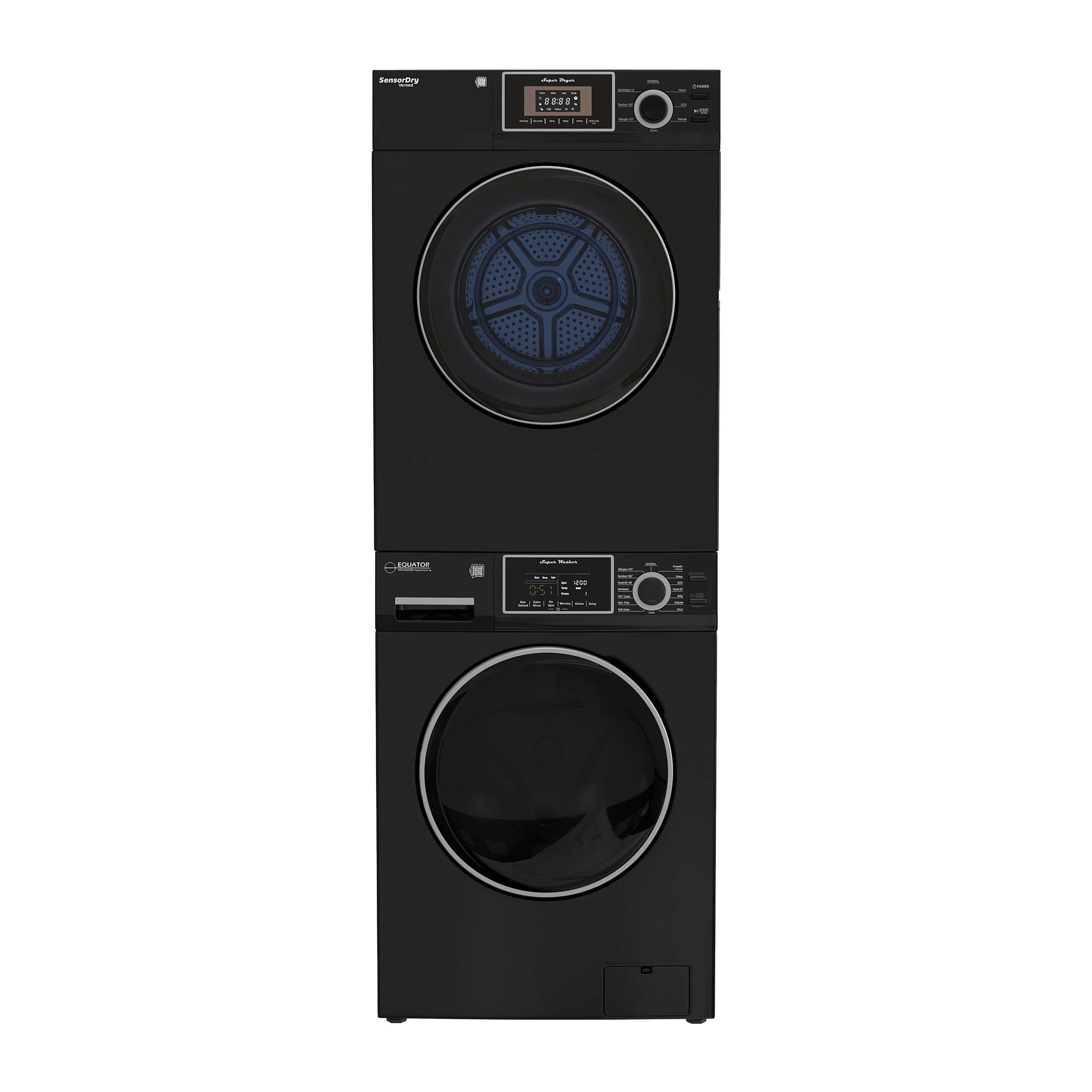 Equator - 24 in 110V Direct Line EW 826 Washer 1.62 cf+ ED 866 DL SENSOR Vented Dryer 3 cf Stacked/Side by Side - Black