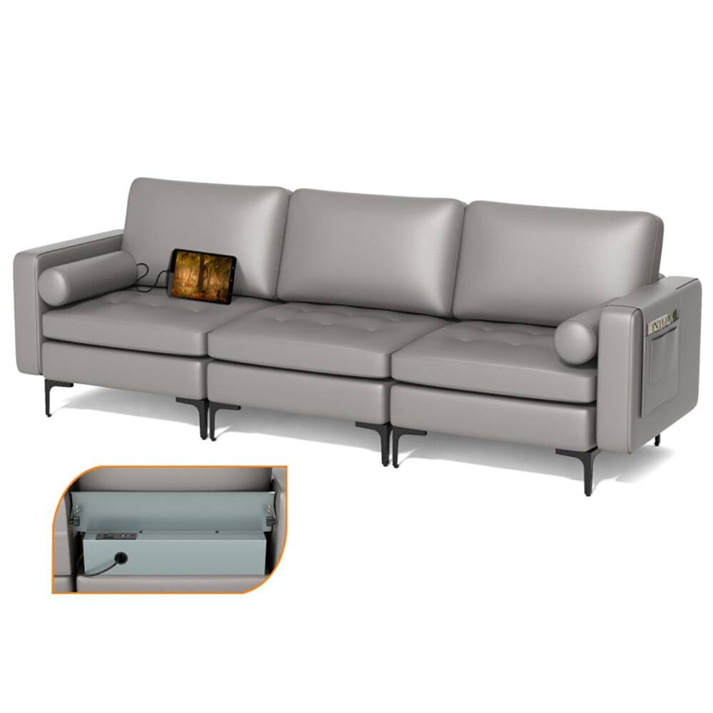 Alt View 1. Kadyn - Modular 3-Seat Sofa Couch with Socket USB Ports and Side Storage Pocket-Light Gray, Sectional Sofa Couch Living Room - Gray.