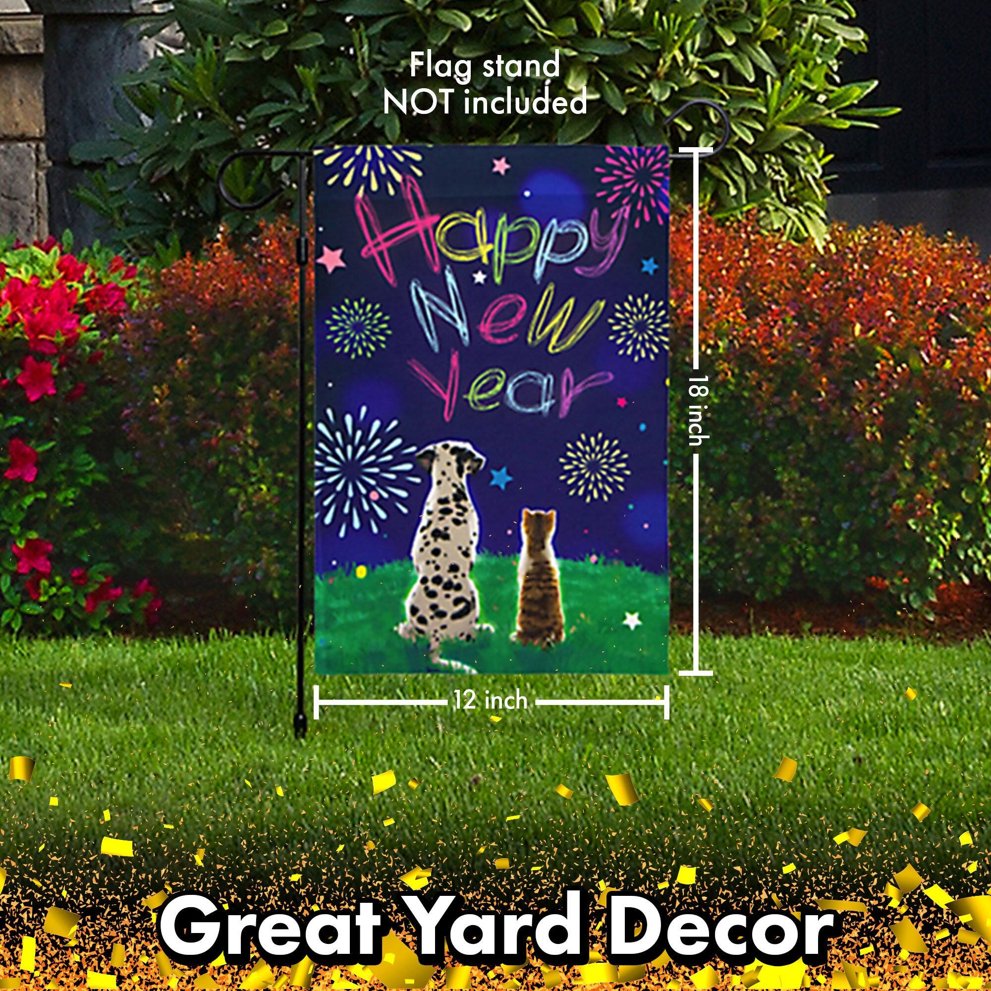 Flag stand NOT included  
Happy New Year  
18 inch x 12 inch  
Great Yard Decor