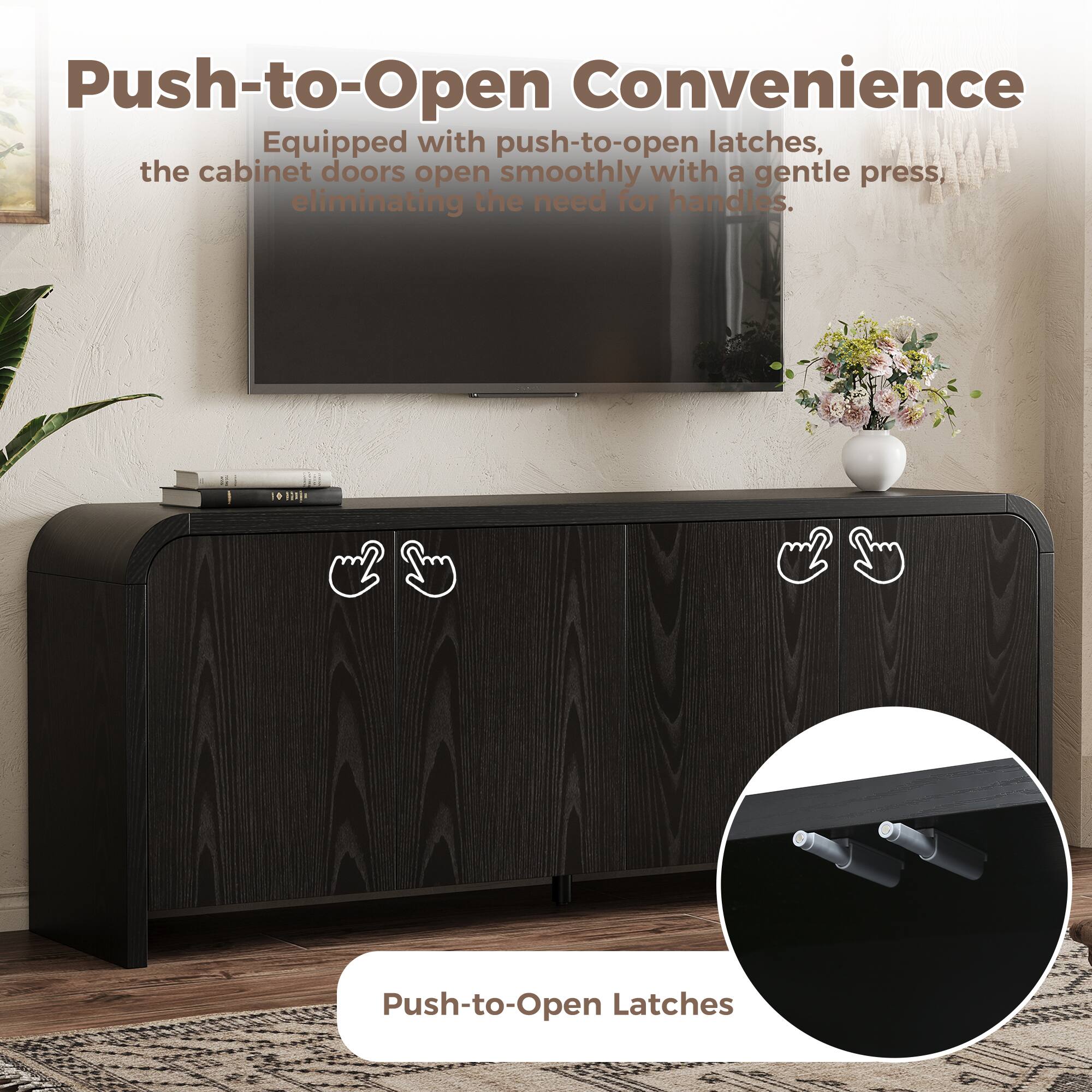 Push-to-Open Convenience  
Equipped with push-to-open latches, the cabinet doors open smoothly with a gentle press, eliminating the need for handles.  

120 Push-to-Open Latches