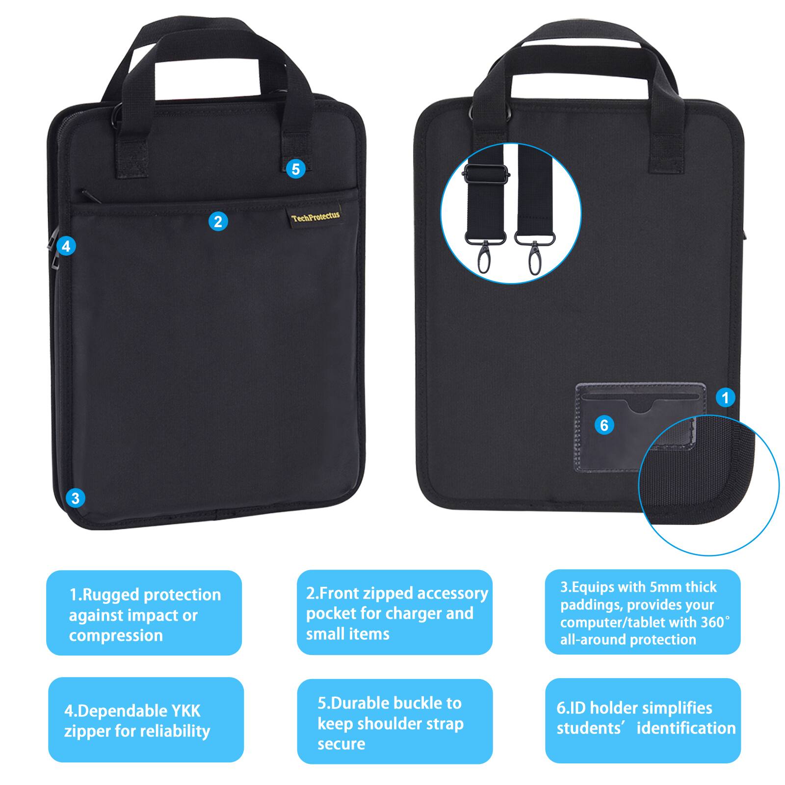 1. Rugged protection against impact or compression  
2. Front zipped accessory pocket for charger and small items  
3. Equips with 5mm thick paddings, provides your computer/tablet with 360° all-around protection  
4. Dependable YKK zipper for reliability  
5. Durable buckle to keep shoulder strap secure  
6. ID holder simplifies students' identification