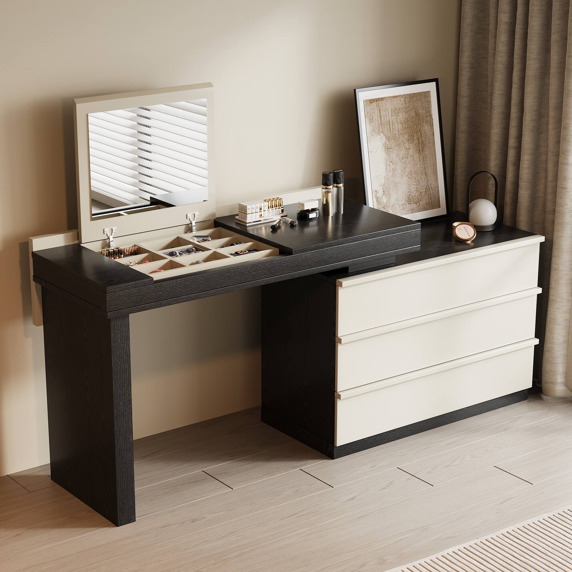 Left. luck idea - 47.12" Extendable Dressing Table with Vanity Stool, Mirror and Three Storage Drawers - Black.