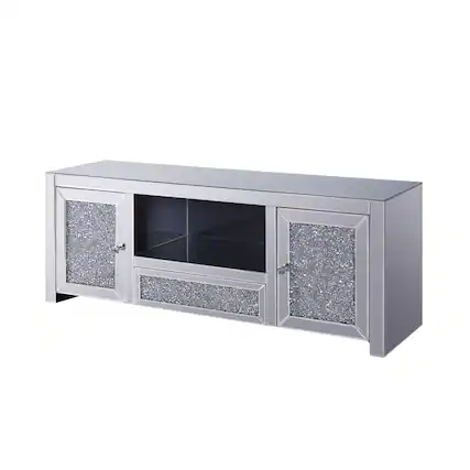 Front. Manhattan Lane - Noe 59 Inch Wood TV Entertainment Media Console, Faux Diamond Inlay - Silver.