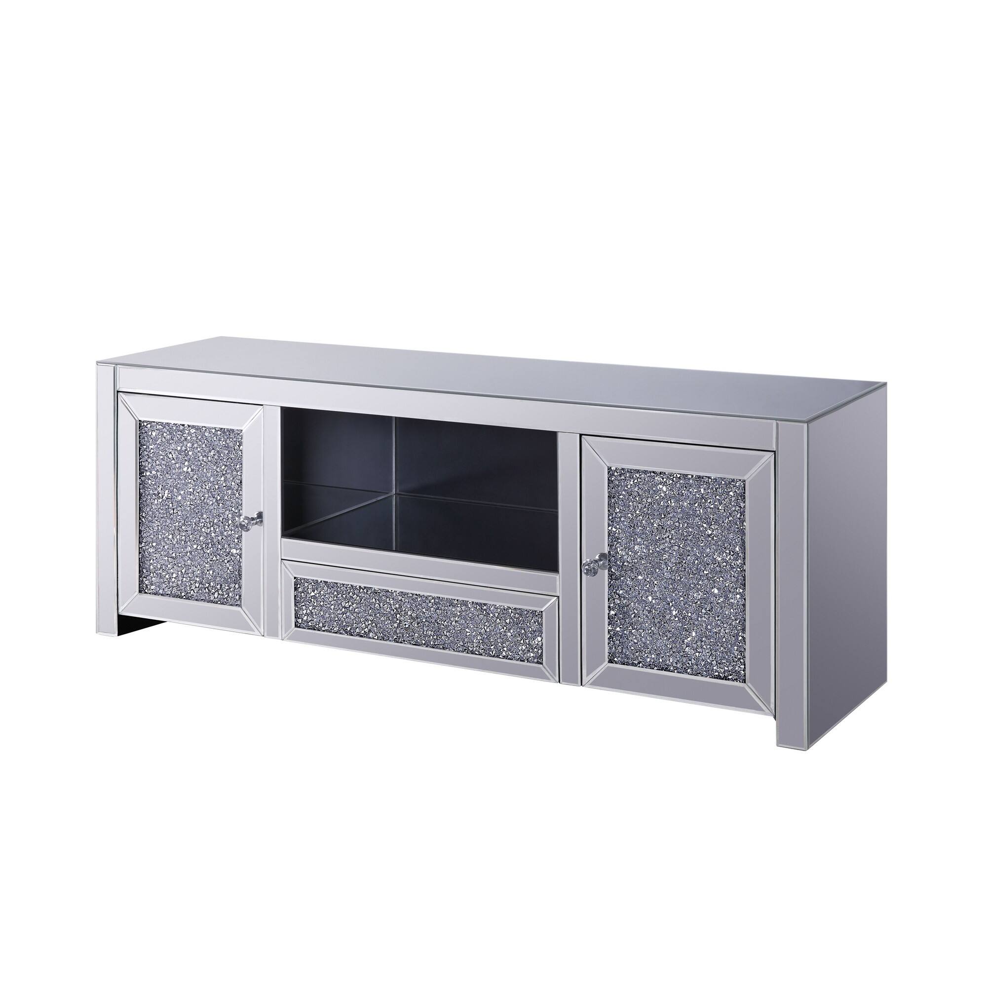 Front. Manhattan Lane - Noe 59 Inch Wood TV Entertainment Media Console, Faux Diamond Inlay - Silver.
