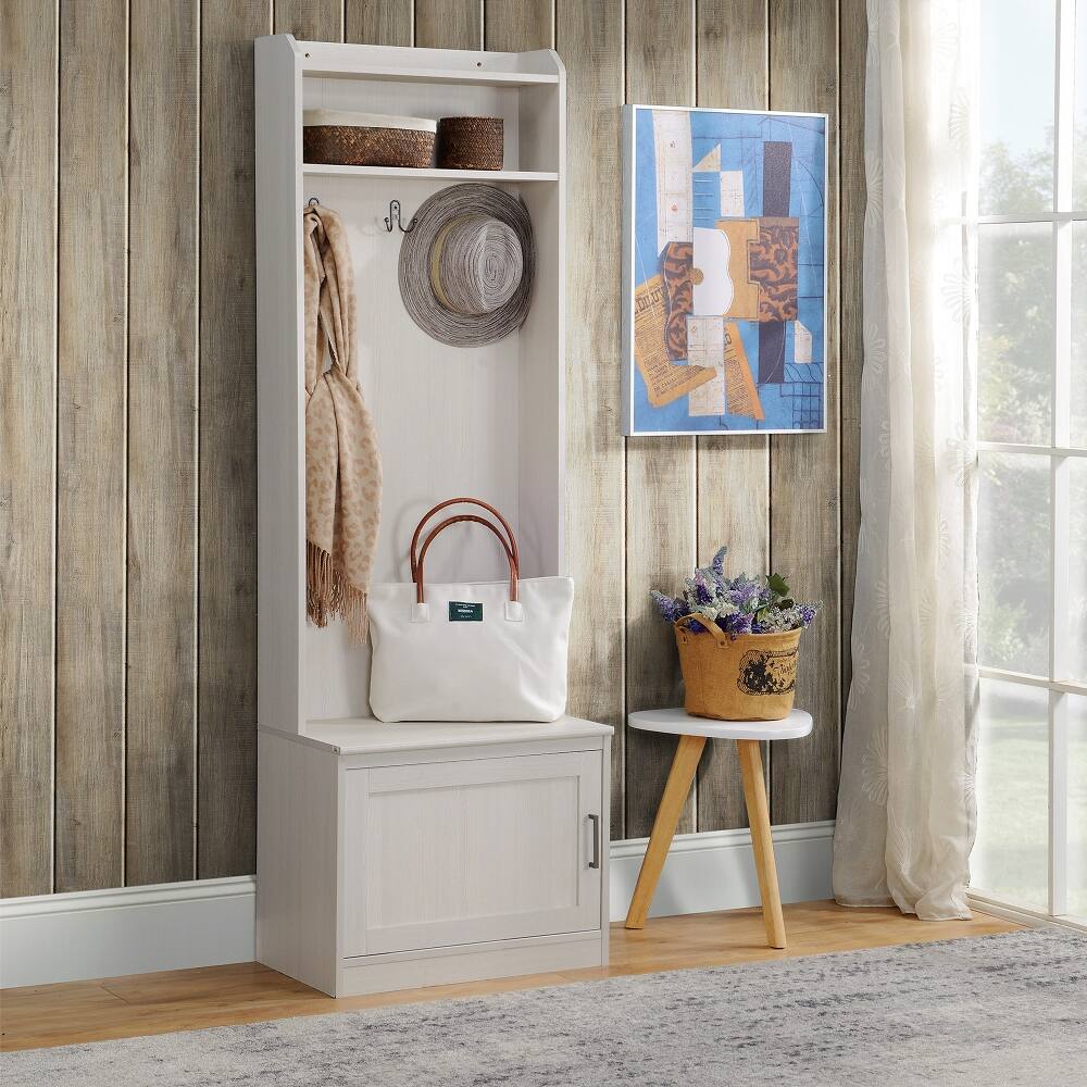 Angle. Loheer - Loheer White Wood Grain Hall Tree with Shoe Storage Bench and Adjustable Shelves 72-Inch Height - White.