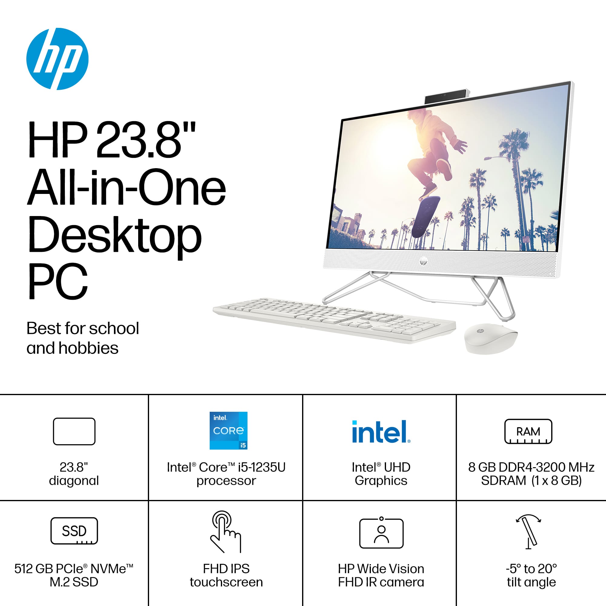 The text on the image is already grouped and correctly formatted. It reads:
"hp HP 23.8" All-in-One Desktop PC Best for school and hobbies intel CORE i5-1235U processor intel UHD Graphics 8 GB DDR4-3200 MHz SDRAM (1 x 8 GB) SSD 512 GB PCle NVMeM M.2 SSD FHD IPS touchscreen HP Wide Vision FHD IR camera -5 to 20 tilt angle"