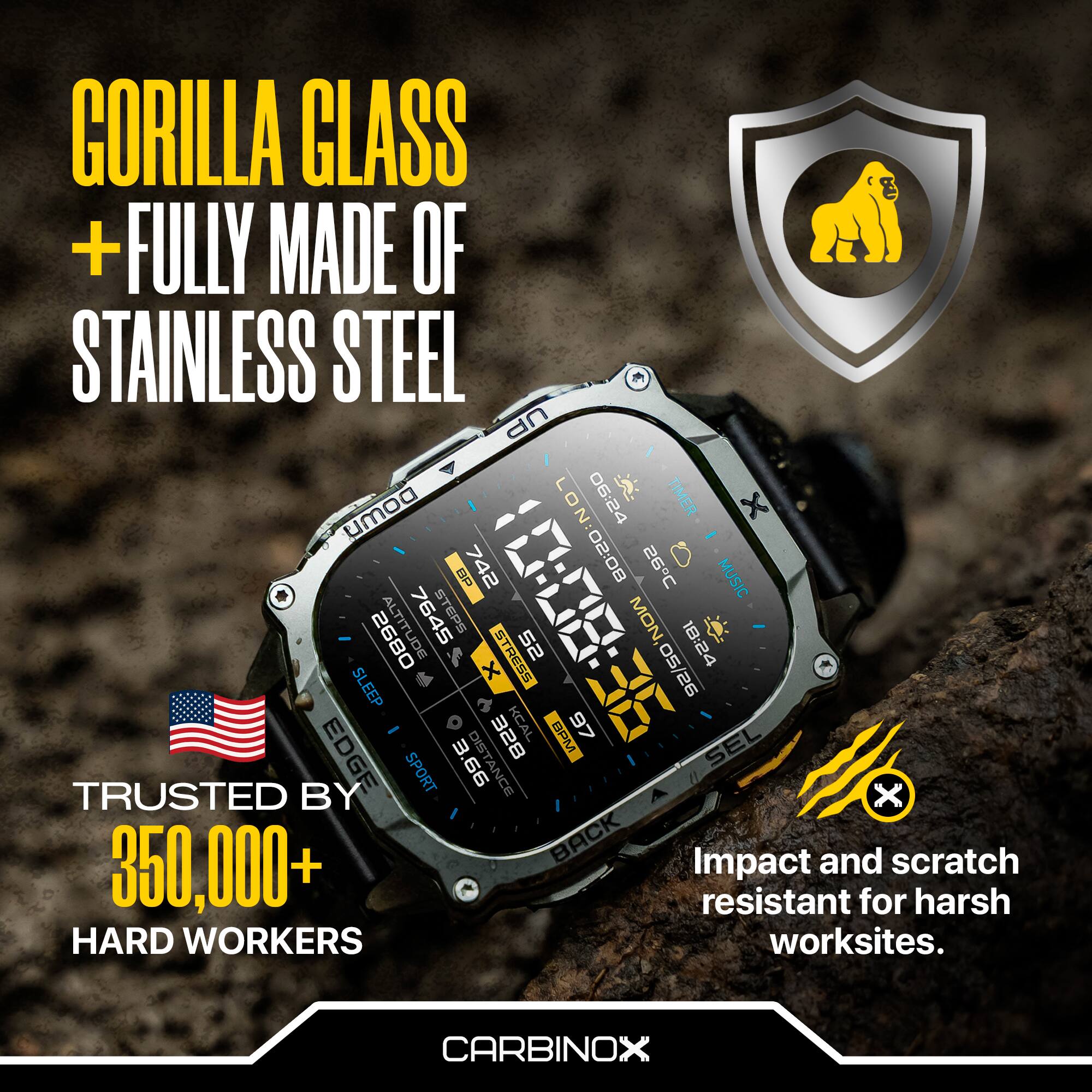 GORILLA GLASS + FULLY MADE OF STAINLESS STEEL

TRUSTED BY 350,000+ HARD WORKERS

Impact and scratch resistant for harsh worksites.

CARBINOX