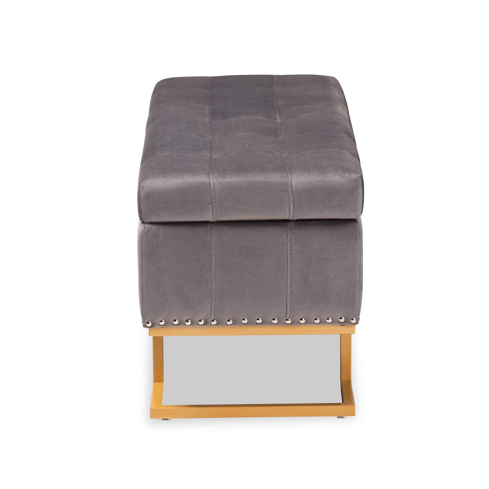 Back. Baxton Studio - Ellery Luxe and Glam Velvet Fabric Upholstered and Gold Finished Metal Storage Ottoman - Grey/Gold.