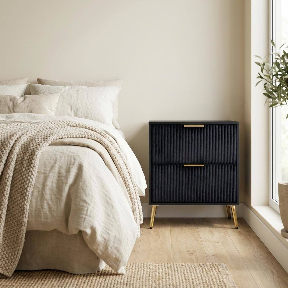 Left. FurniFact - Black Bedroom Nightstand with Gold Legs and Storage Drawer - Black.