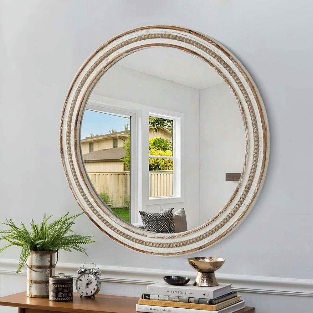 Kadyn - 23.62" Round Wooden Beaded Mirror, Rustic Style Decorative Wall Mirror for Home Office, Antique Natural