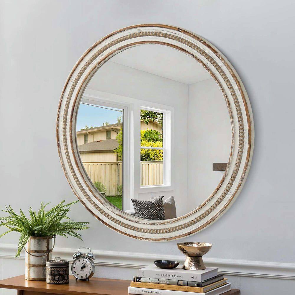 Kadyn - 23.62" Round Wooden Beaded Mirror, Rustic Style Decorative Wall Mirror for Home Office, Antique Natural